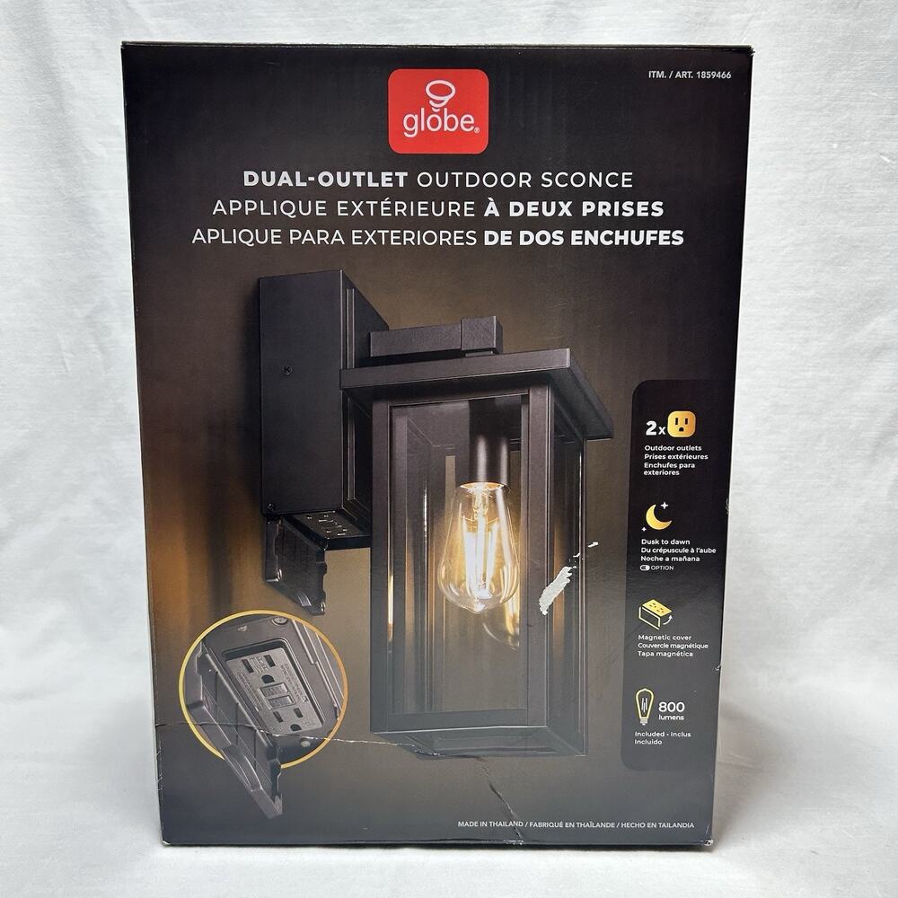 Globe Dusk to Dawn Outdoor Wall Light with 2 Outlets Black Waterproof Porch Lamp